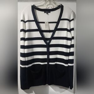 RW&CO. Navy and White Striped V-Neck Cardigan Sweater